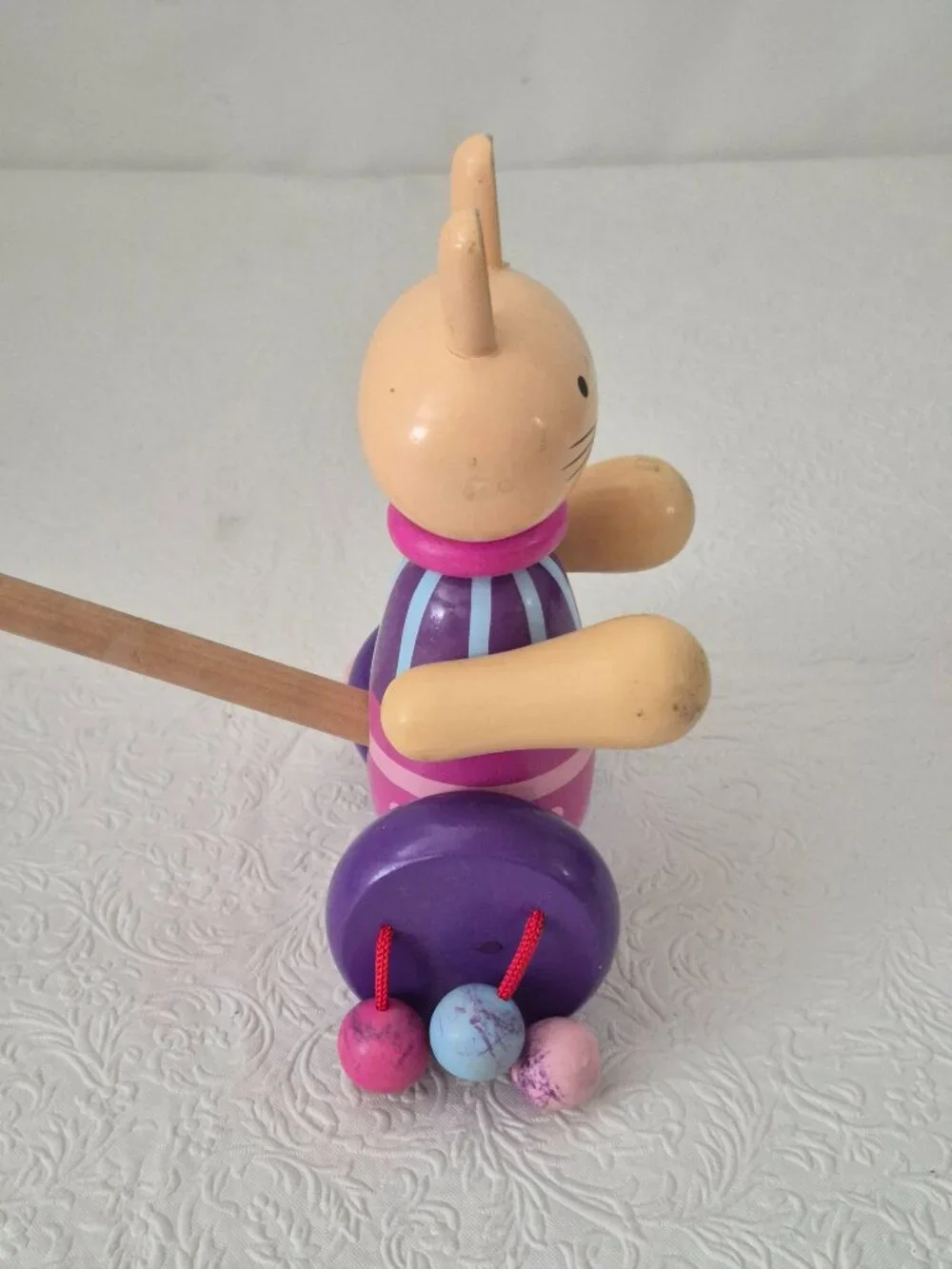 Wooden Rabbit Easter Bunny Kids Toddler Push Pull Clacker Toy Purple Pink